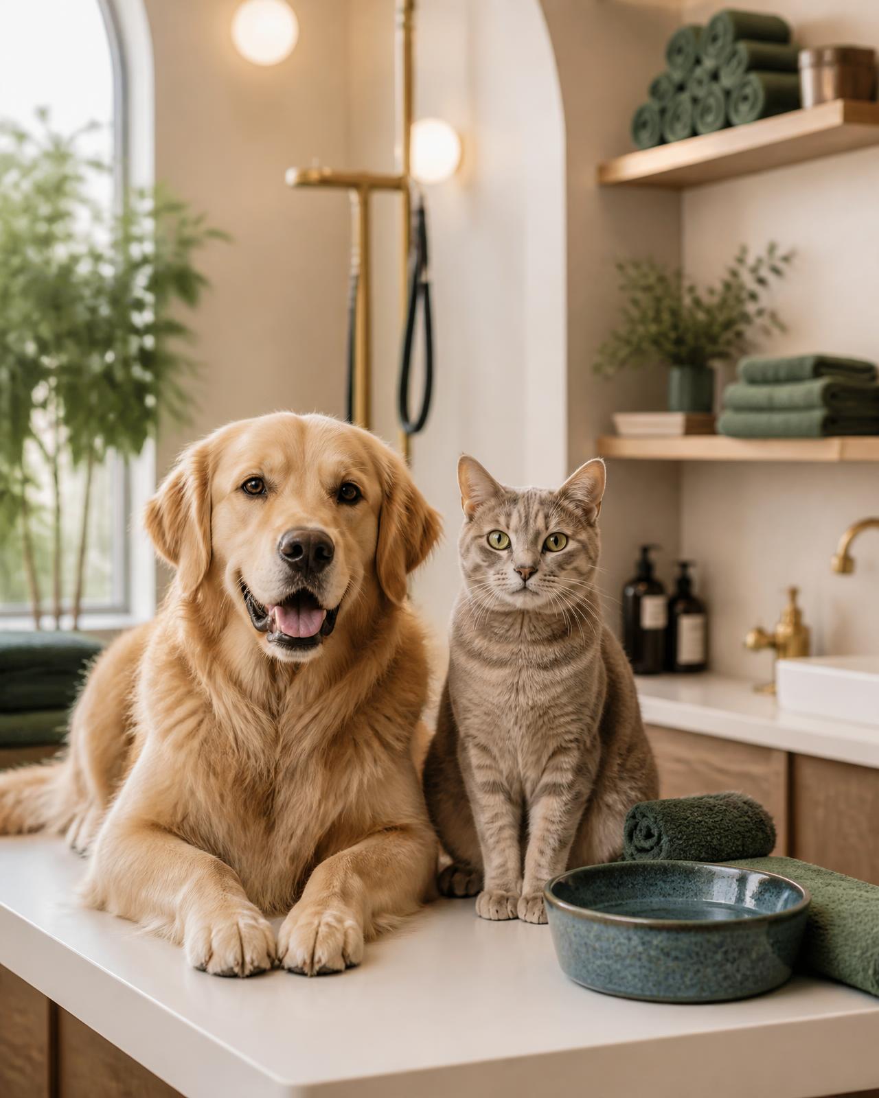 A happy dog and cat on a grooming table in a calm, premium pet spa